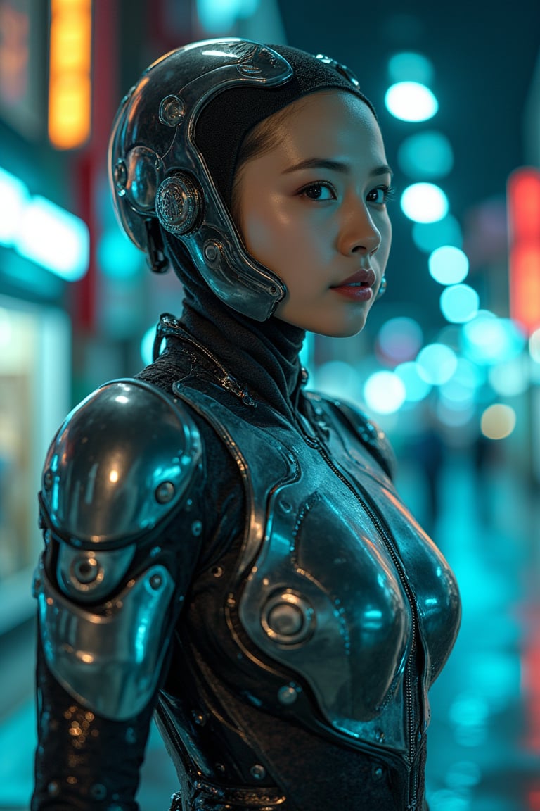 A Malay woman, with a sleek cyborg mecha integrated into her body, standing in a futuristic urban setting, high-tech environment with neon lights, medium shot, dynamic lighting highlighting the metallic details, composition focused on her face and cyborg enhancements, intense and futuristic atmosphere.