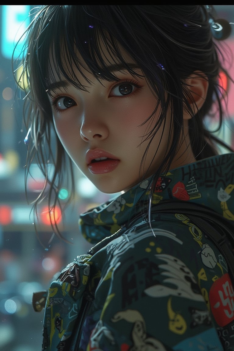 Hyper-realistic anime girl, close-up face, wearing hacker clothes, mysterious expression, soft lighting, centered composition, detailed facial features, cool skin tones, intense eyes, slight smirk, urban background, dark color palette, slight shadows, calm atmosphere, modern tech elements in the background.