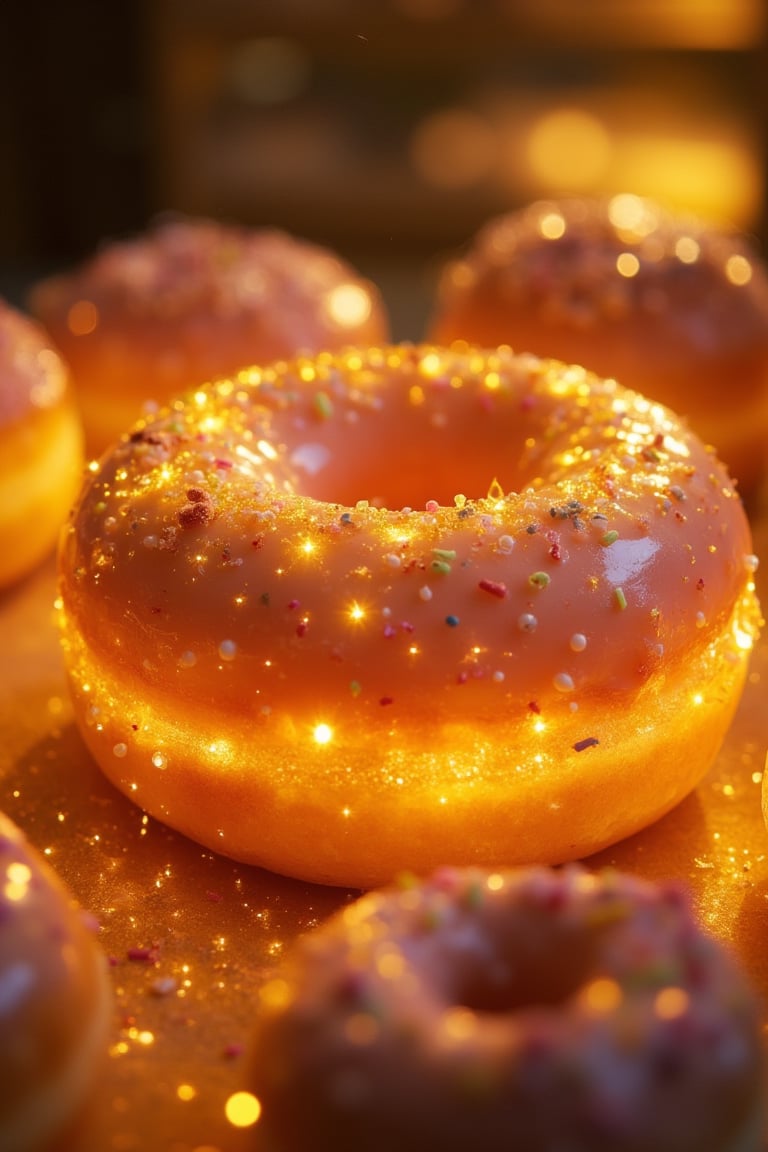 A mouth-watering doughnut, its surface glowing with a soft, sparkling light, topped with colorful sprinkles and creamy frosting that glisten in the light. The lighting is warm and inviting, highlighting the rich texture and vibrant colors of the doughnut and toppings. The composition is centered, with the doughnut in a playful, tempting pose, surrounded by a cozy, bakery setting. The scene captures the delight and allure of the glowing doughnut, with a focus on its delicious form and the enchanting sparkle.