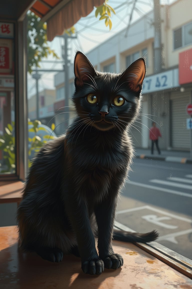 Hyper-realistic anime scene, black cat on table, close-up shot, soft lighting, centered composition, detailed fur texture, alert expression, urban background, muted color palette, slight shadows, calm atmosphere, modern interior setting.