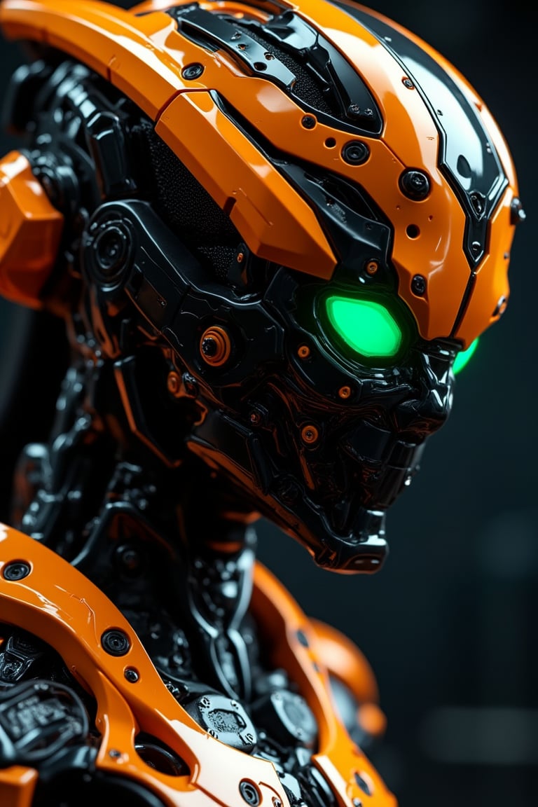 Close-up of a sleek, orange and black CyborgMechaNeemo, featuring intricate detailing and neon green glowing eyes. The image is octane rendered in HD, with a null background, capturing the intricate design and glowing elements in sharp focus.