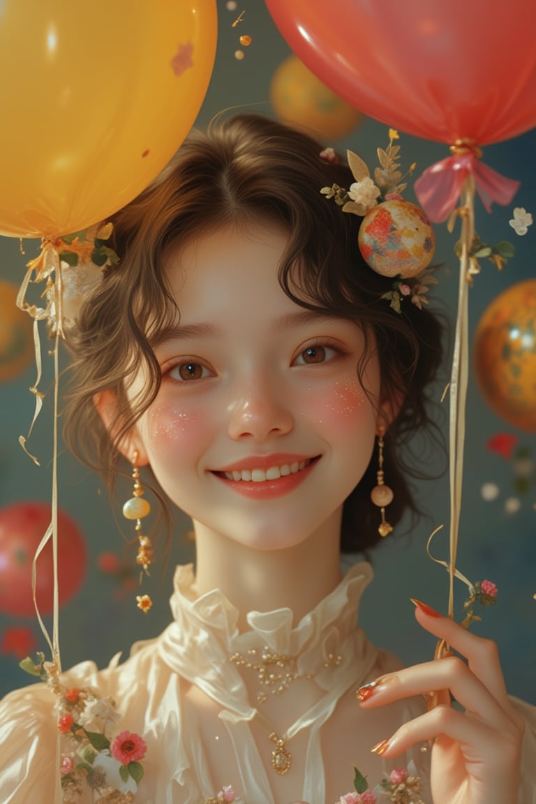 A girl in a Pixomeda style, vibrant and surreal. She is framed in a mid-shot, holding a balloon with a happy expression. Soft, warm lighting highlights her elegant features and joyful demeanor. Her pose is relaxed, with a bright smile. The composition is balanced, with intricate details and a dreamlike atmosphere. The background is abstract and colorful, enhancing her playful and ethereal presence.