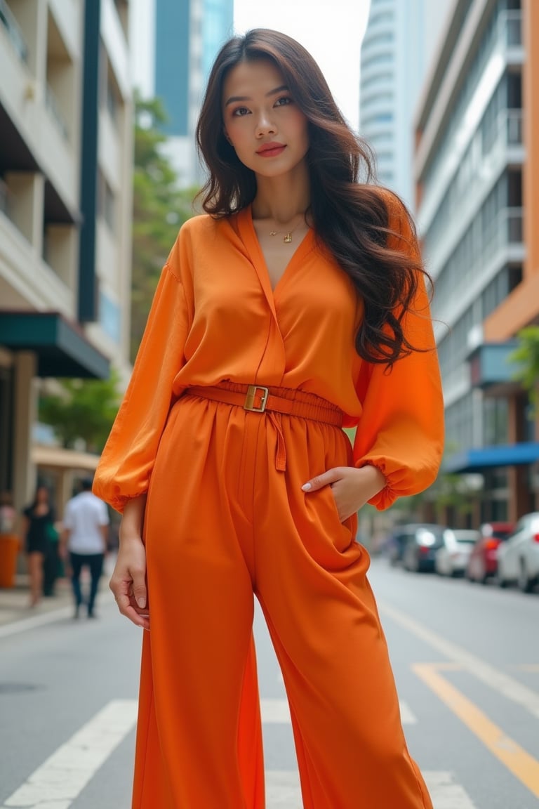 A pretty Malay woman, with long wavy hair, wearing a long-sleeved loose orange blouse shirt, palazzo pants, and heels, standing in a city background with modern buildings and bustling streets, medium shot, warm natural lighting, composition centered on her stylish outfit and confident pose, vibrant and urban atmosphere.