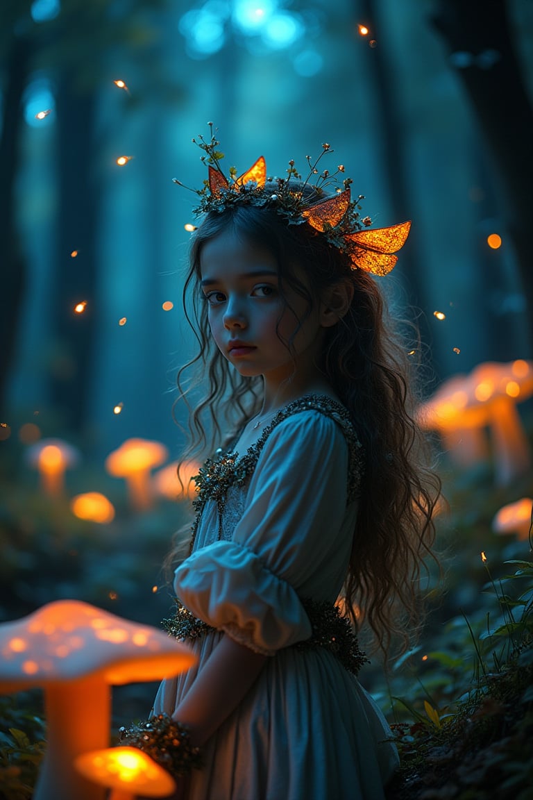 Half medium shot of a beautiful girl, dressed as a NeemoFairy, standing in a magical forest. The scene is illuminated by glowing mushrooms and fireflies, creating a mystical atmosphere. The girl has an ethereal expression, and the composition highlights the enchanting environment around her.