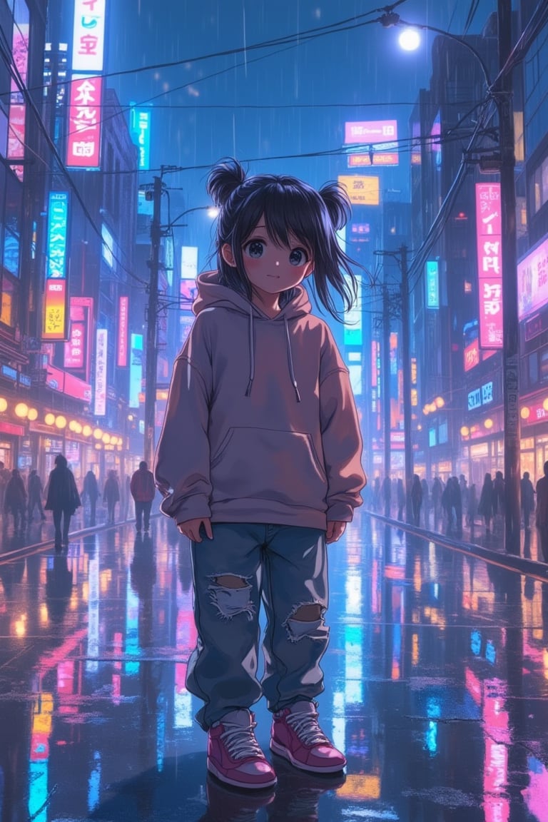 A cute, cheeky girl wearing a hoodie, baggy jeans, and shoes, standing in a futuristic Tokyo nightscape. The scene is illuminated by neon lights and the glow of digital billboards, with rain creating a reflective surface on the streets. The composition frames the girl with a playful expression, surrounded by the bustling city and the soft, diffused light of the night, capturing the essence of Makoto Shinkai's style.