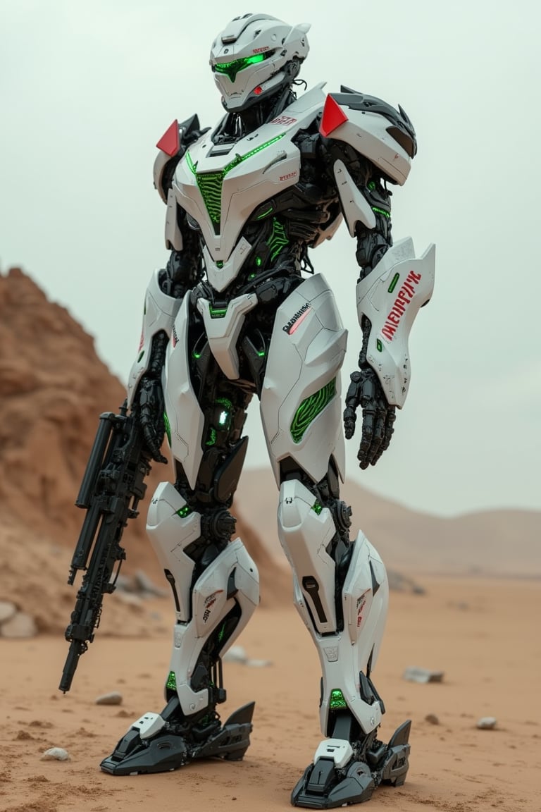 A full-body shot of a horror mecha cyborg, featuring polycarbonate detailing on a matte body suit. The suit is pristine white with red, green, and black transparent sections, detailed with green matte accents. A Palestine flag is prominently displayed on the body suit, and the words PRESTIGES WARFARE MALAYA are written across it. The mecha has neon green glowing eyes and holds a menacing mecha weapon. It stands static in a desert apocalypse city, rendered in HD with octane details. The scene is eerie and atmospheric, with a focus on intricate detailing and a haunting presence.