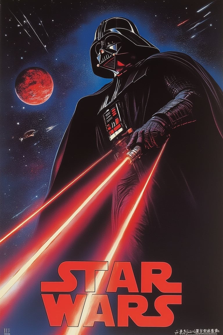 1986 Japanese anime movie poster featuring STAR WARS, the iconic character Darth Vader. The poster showcases a dynamic mid-shot of Darth Vader, with dramatic lighting highlighting his imposing figure and the ominous glow of his lightsaber. The composition emphasizes Vader's powerful presence and the dark, intense atmosphere of the scene. The background features a galaxy filled with stars and distant planets, adding depth and context to the epic setting. The text is boldly placed, blending with the energetic atmosphere of the scene. The overall design captures the essence of the Star Wars universe.