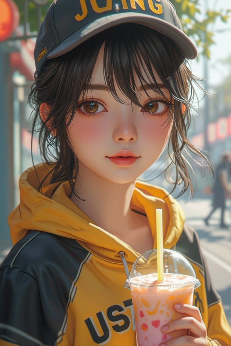 Hyper-realistic anime character, close-up face, wearing a black and yellow hoodie, cap with UJANG written, holding a boba drink, soft lighting, centered composition, detailed facial features, warm skin tones, gentle smile, slight blush, serene expression, urban background, pastel color palette, slight breeze in hair, calm atmosphere.