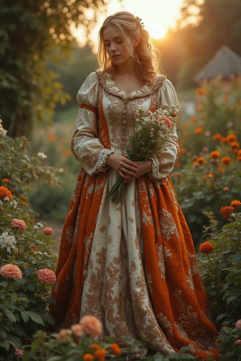 A medieval beauty princess, standing gracefully in a lush garden, surrounded by blooming flowers and verdant greenery. The princess wears a flowing gown of rich silk, adorned with delicate lace and embroidery. The garden is bathed in the soft, golden light of the setting sun, casting a warm glow on the scene. The princess holds a posy of flowers, her expression serene and contemplative. The composition is centered on the princess, with the garden's vibrant colors and intricate details enhancing the tranquil atmosphere.