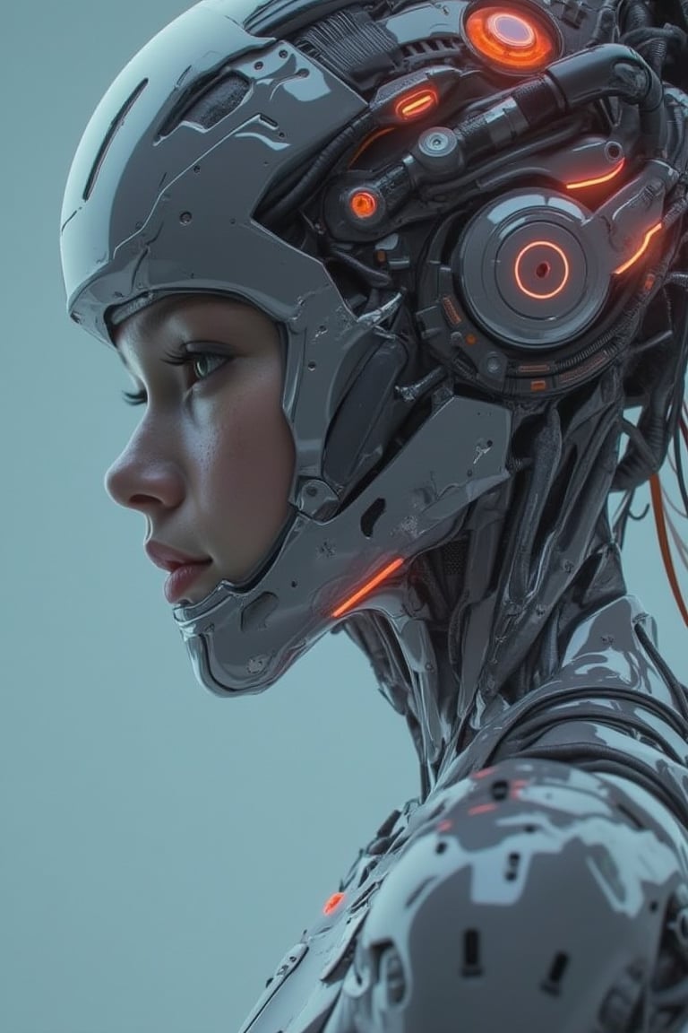 A close-up shot of a matte polycarbonate surface reflecting a girl in a cybernetic, translucent suit. The suit's intricate details and vibrant colors blend seamlessly with the reflective material. The lighting is soft and ethereal, highlighting the translucent elements and casting subtle shadows. The composition is centered, focusing on the girl's form within the cybernetic suit and the smooth, reflective surface.