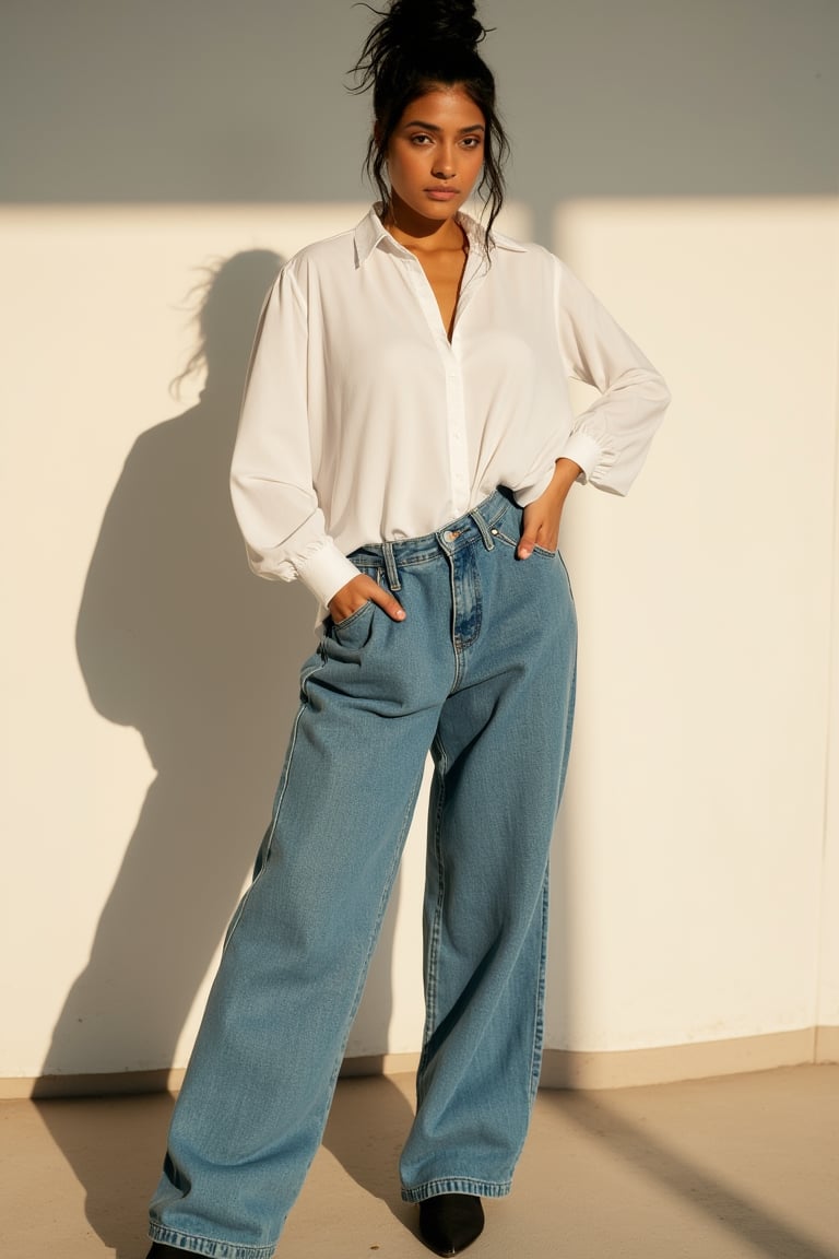 A stylish fashionista woman with a messy bun of black hair stands confidently, casting a sun shadow on the ground. She wears a casual outfit consisting of a white shirt with loose long sleeves and denim baggy pants. Her black heels add a chic touch. She poses like a model, with one hand on her hip and the other holding a denim baggy pants, the sun casting soft, warm light on her relaxed yet fashionable attire.