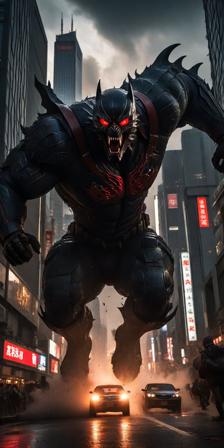 A dark and foreboding Tokyo cityscape at dusk, with towering skyscrapers looming in the background. The camera's gaze is fixed on a monstrous creature emerging from the earth's crust, its twisted body destroying the street below with calculated precision. Panicked pedestrians scatter as buildings crumble and debris rains down, while the beast's glowing red eyes cast an ominous light on the chaos. Screams of terror pierce the air as the city's concrete jungle is consumed by madness.