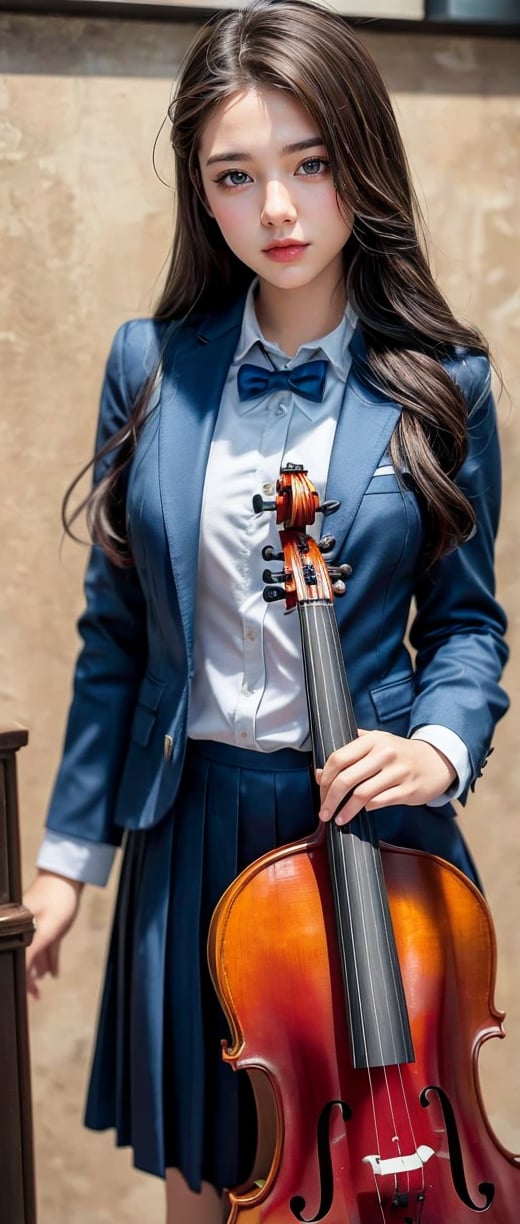 high school student,girl,school uniform,carrying a case of cello,in the performance room ,Best Quality, 32k, photorealistic, ultra-detailed, finely detailed, high resolution, perfect dynamic composition, beautiful detailed eyes, sharp-focus, cowboy_shot, 