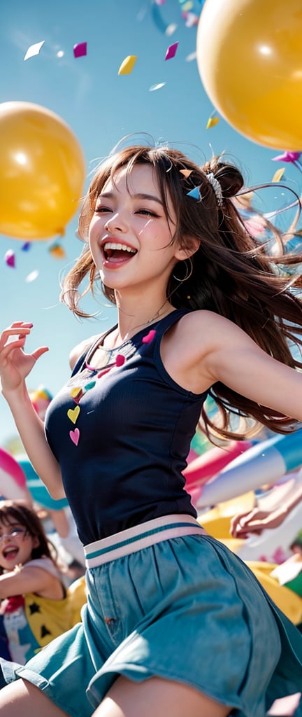 "Generate a heartwarming and cheerful scene of a cute character joyfully dancing to a lively tune. The character is surrounded by a colorful explosion of confetti and a sky filled with floating balloons. Capture the pure joy and exuberance of this moment in a heartwarming and adorable illustration."