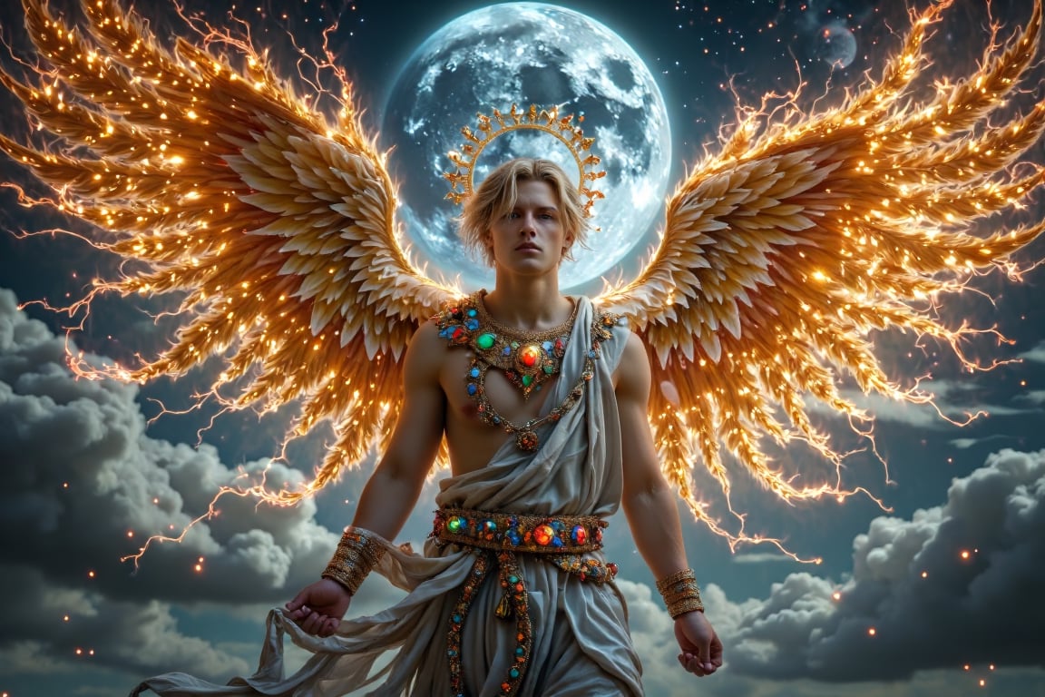 (((masterpiece))), (((best quality))), one male seraphim, 3 golden wings on left, 3 golden wings on right, wings in lightnings and fire, Greek toga with diamonds, rubies and emerals, light bearer, broken halo, blonde hair, 1 red eye, 1 green eye, cloud_scape, dawn on background, big planet Venus on background in blue fog, dynamic angle, full height, full body, realistic, photo realism, high detail, 8k, hi res