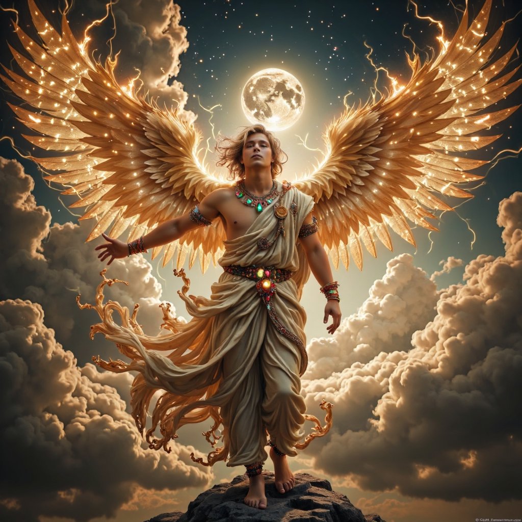 (((masterpiece))), (((best quality))), one male angel, 3 golden wings on left, 3 golden wings on right, wings in lightnings, Greek toga with diamonds, rubies and emerals, light bearer, broken halo, blonde hair, 1 red eye, 1 green eye, cloud_scape, dawn on background, big planet Venus on background, dynamic angle, full height, full body, realistic, photo realism, high detail, 8k, hi res