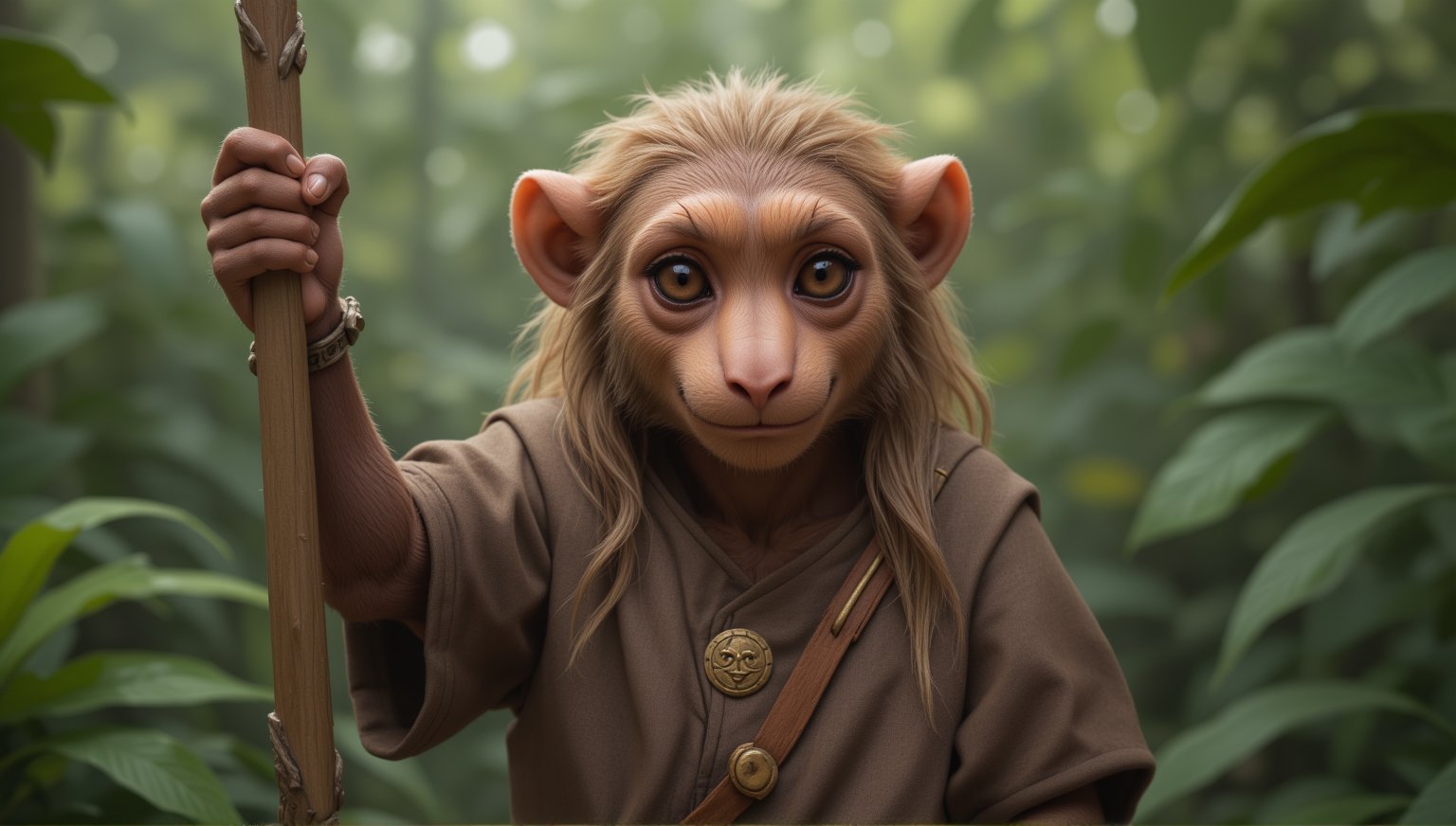 Epic full body photo insane details, 
A little thin light brown  bonobo, with brown eyes in a realistic furry style, with a handsome, happy smile, dressed in very simple style medieval tunic,
holds up a beautifully carved long stick in his right hand. 
His left hand is tucked out of sight in his pocket. 
In the background an out-of-focus jungle scene, detailed eyes, fantasy style, smirking, full_body
anthro,furry