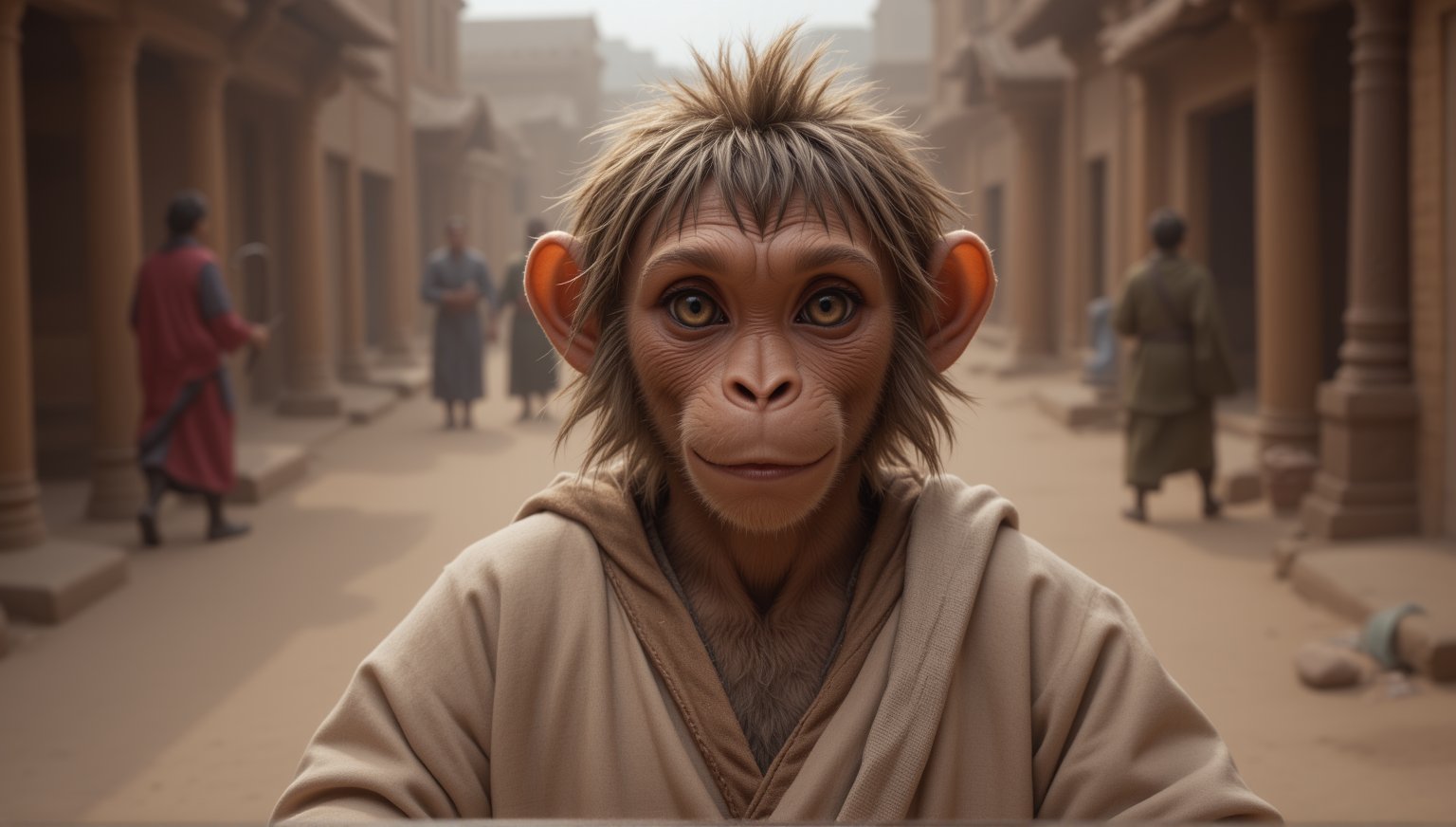 A juvenile monkey dressed in very simple style plain cloth tunic,  
happy, detailed eyes, photorealistic,  
Scene on the streets of ancient times.
furry