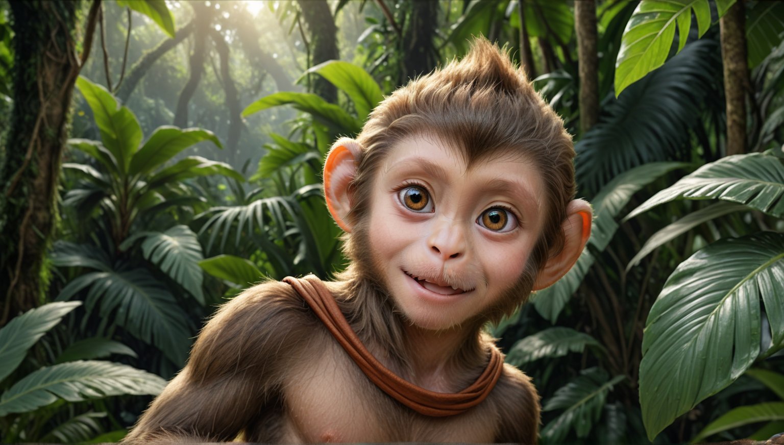 A juvenile monkey dressed in very simple style plain cloth tunic,  
very happy, detailed eyes, photorealistic,  in a lush jungle.
ancient times.
furry