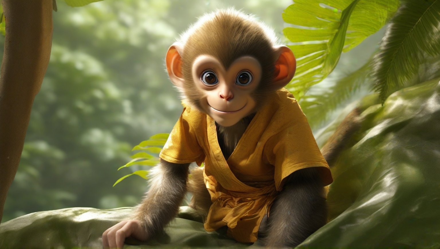 A juvenile monkey dressed in very simple style plain cloth tunic,  
very happy, detailed eyes, photorealistic,  in a lush jungle.
ancient times.
furry,Wukong