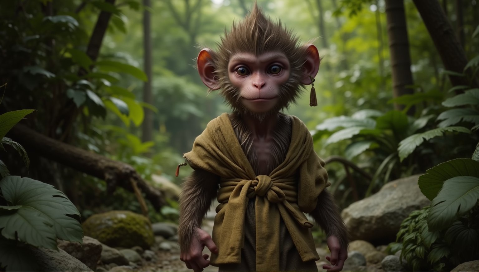 A juvenile monkey dressed in very simple style plain cloth tunic,  
very happy, detailed eyes, photorealistic,  in a lush jungle.
ancient times.
furry,CNShenhou