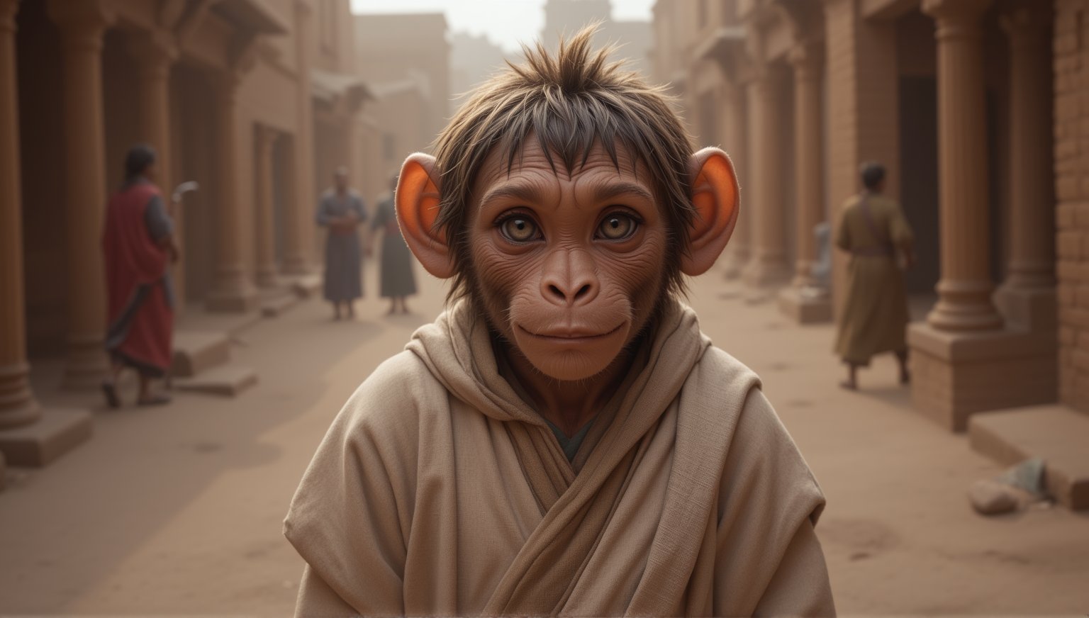 A juvenile monkey dressed in very simple style plain cloth tunic,  
happy, detailed eyes, photorealistic,  
Scene on the streets of ancient times.
anthro,furry