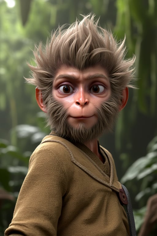 A juvenile monkey dressed in very simple style plain cloth tunic,  
very happy, smile very happily, detailed eyes, photorealistic,  in a lush jungle.
ancient times.
furry,Wukong