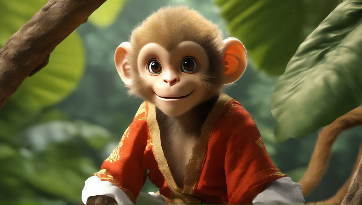 A juvenile monkey dressed in very simple style plain cloth tunic,  
very happy, detailed eyes, photorealistic,  in a lush jungle.
ancient times.
furry,Wukong