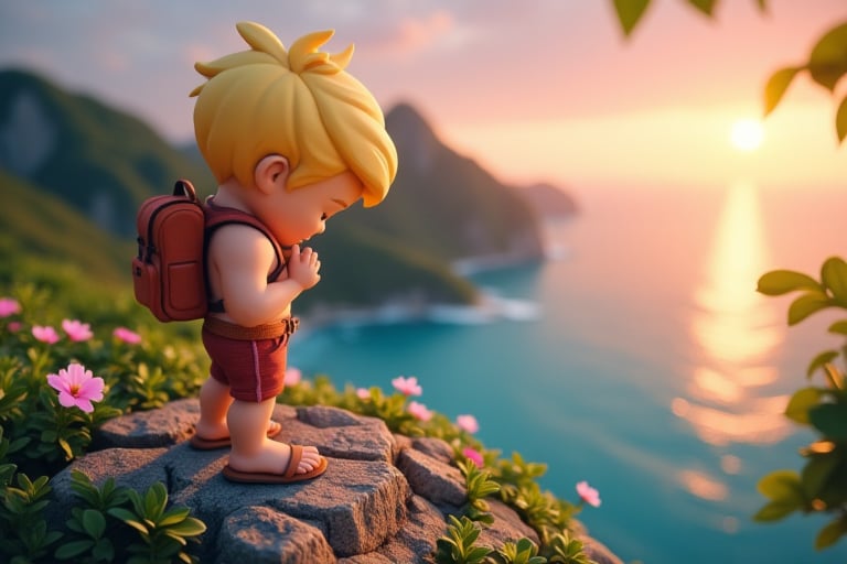 3D cute chibi Japanese fit mascular backpacker man with blond hair and backpack wearing Thai pants (topless) and sandals is praying the sunrise in Thai thankfulness style, on top of the cliff with Thai Ocean breathtaking view. rocky mountain. 3D cute chibi style