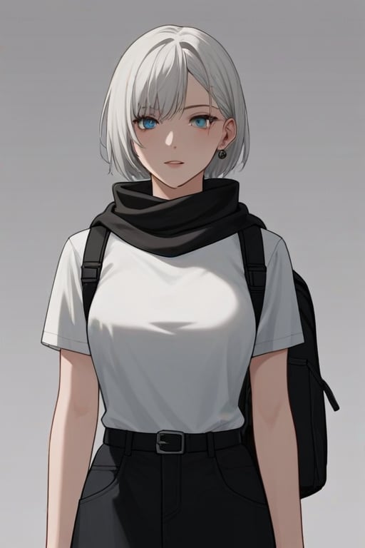 score_9, score_8_up, score_7_up, score_6_up, score_5_up, score_4_up, source_anime, 
BREAK
An animated image of an anime girl with long white hair and blue eyes. She is wearing a black scarf around her neck and a black backpack on her back. The backpack has an orange and black design on it. The girl has a black belt around her waist. The background is a light blue color. Hand,Perfect,Detailed 