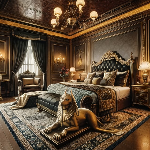 generate a bedroom with egyptian gargoyles and pharaoh statues near the bed, bed looking like sphynx, brass lighting, orange golden tint, brownish walls, chandelier hanging from the roof make it better, make the room larger, keep the sphinx beside the bed and everything same, just change the bed, old victorian/european style king size bed, make the room theme like the above blended with dark academia style, also make the pillows and bedsheets match the dark academia them
