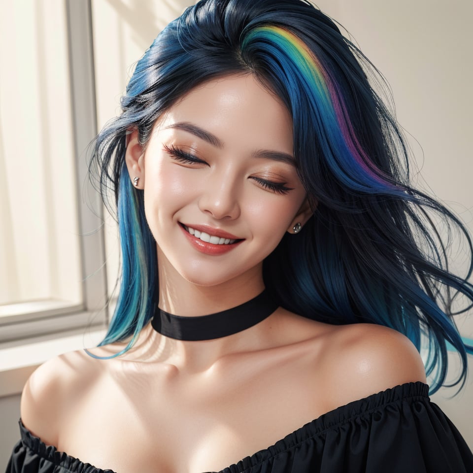 masterpiece, best quality, photorealistic, raw photo, 1girl, long hair, blouse, wide smile, 1 eye closed, blue eyes detailed skin, pore, off_shoulder, Realism, rainbow hair, rich color