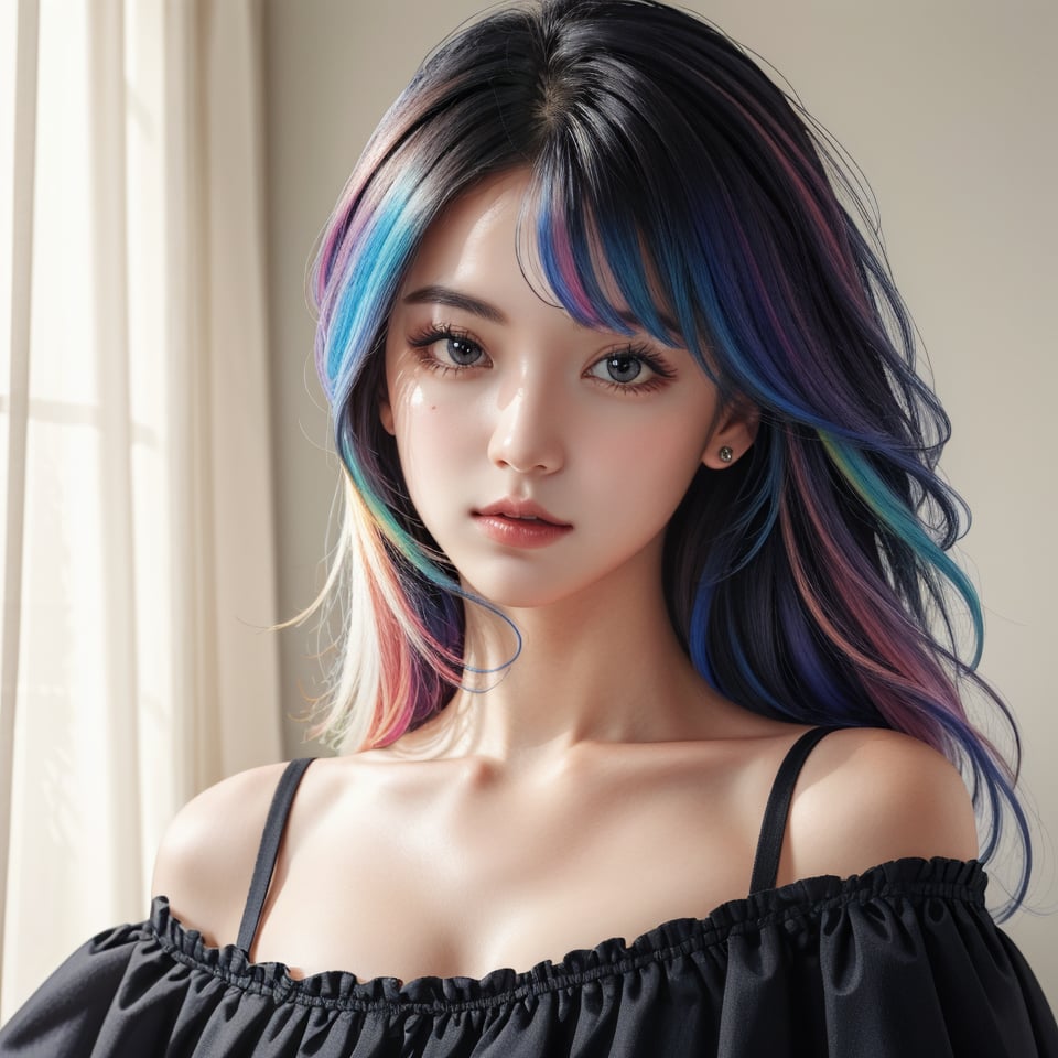 masterpiece, best quality, photorealistic, raw photo, 1girl, long hair, blouse, looking cute,  detailed skin, pore, off_shoulder, Realism, rainbow hair, rich color