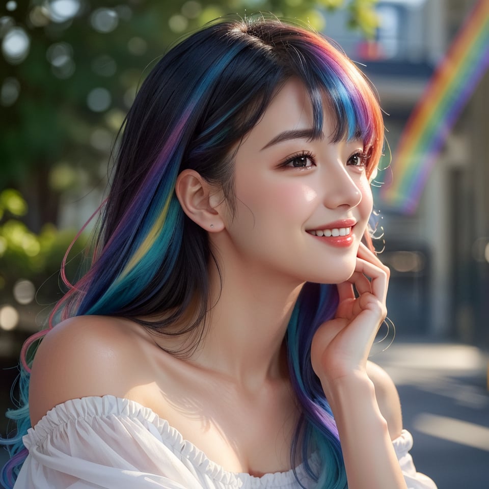 Prompt: masterpiece, best quality, photorealistic, raw photo, 1girl, long hair, blouse, light smile, side face, detailed skin, pore, off_shoulder, Realism, rainbow hair, rich color
