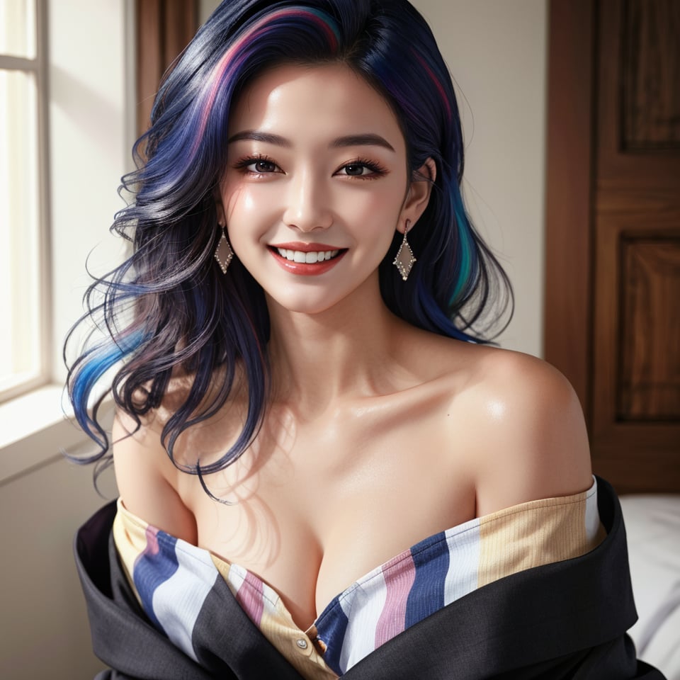 Prompt: masterpiece, best quality, photorealistic, raw photo, 1girl, long hair, blouse, laughing, detailed skin, pore, off_shoulder, Realism, rainbow hair, rich color
