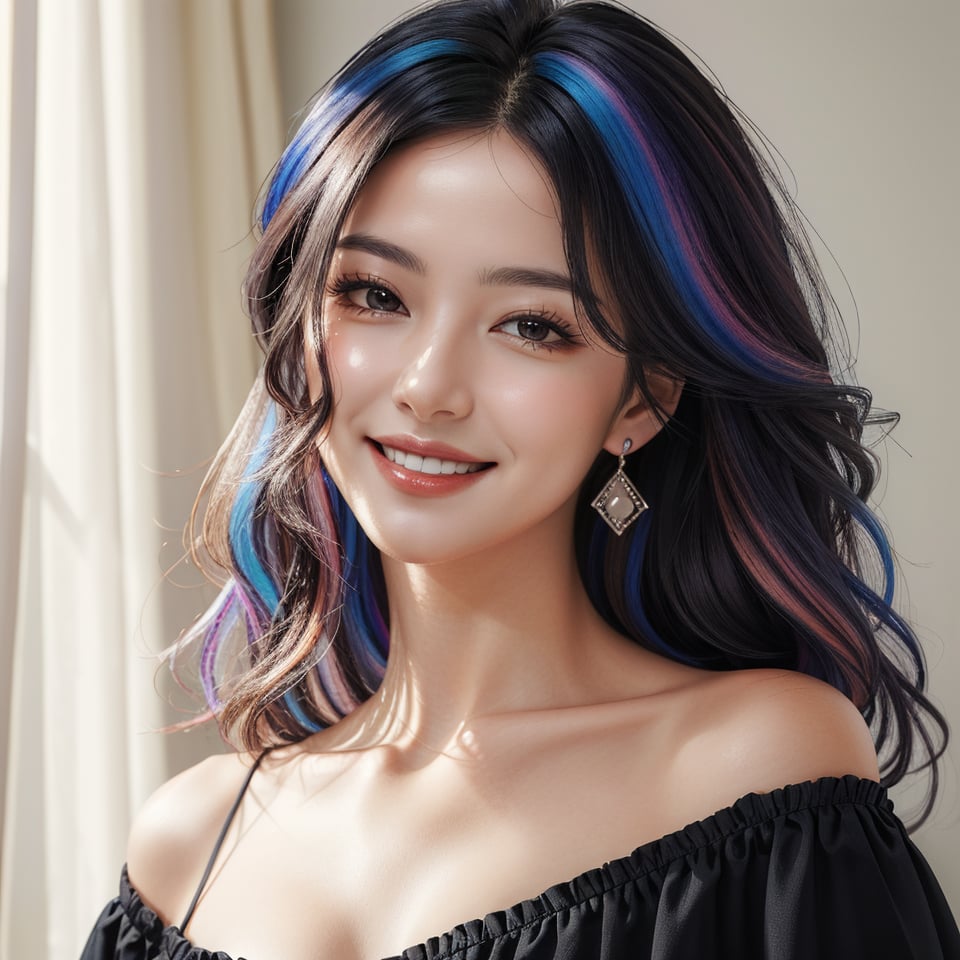 masterpiece, best quality, photorealistic, raw photo, 1girl, long hair, blouse, light smile, left side face, detailed skin, pore, off_shoulder, Realism, rainbow hair, rich color