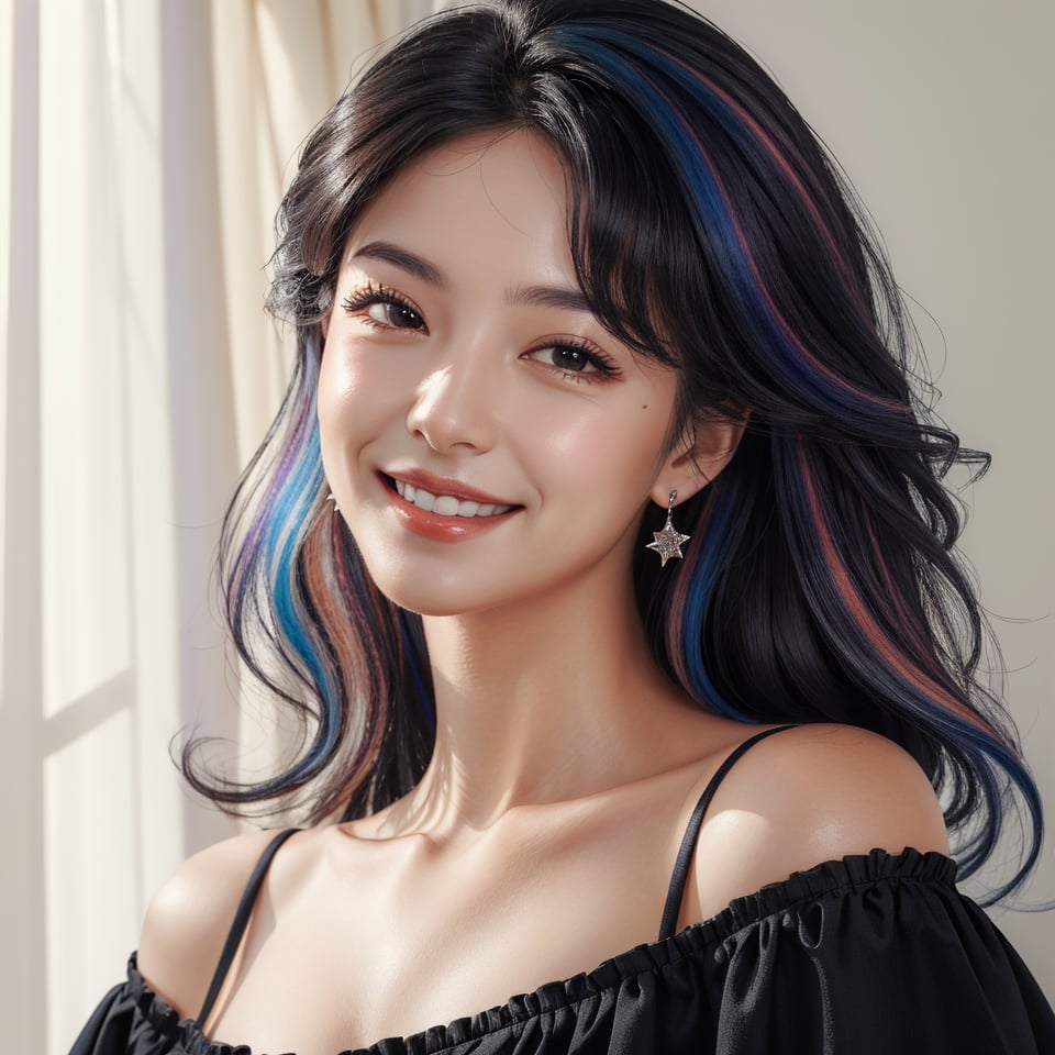 masterpiece, best quality, photorealistic, raw photo, 1girl, long hair, blouse, light smile, right side face, detailed skin, pore, off_shoulder, Realism, rainbow hair, rich color