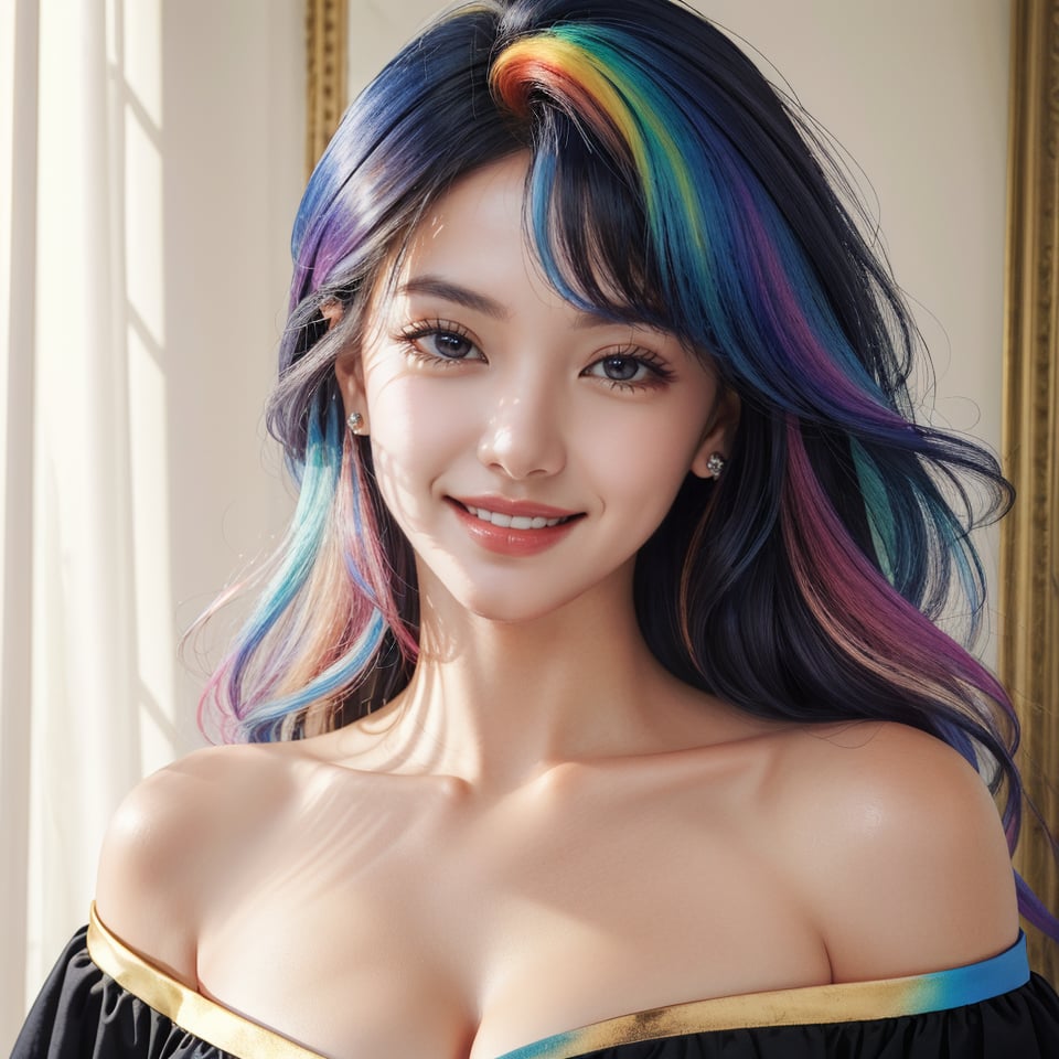 masterpiece, best quality, photorealistic, raw photo, 1girl, long hair, blouse, light smile, detailed skin, pore, off_shoulder, Realism, rainbow hair, rich color