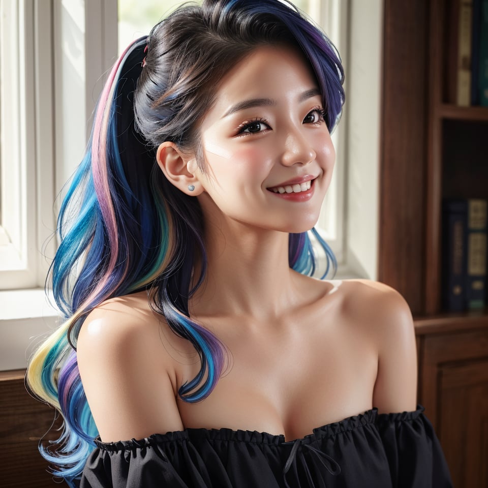 Prompt: masterpiece, best quality, photorealistic, raw photo, 1girl, long hair, blouse, light smile, side face, detailed skin, pore, off_shoulder, Realism, rainbow hair, rich color
