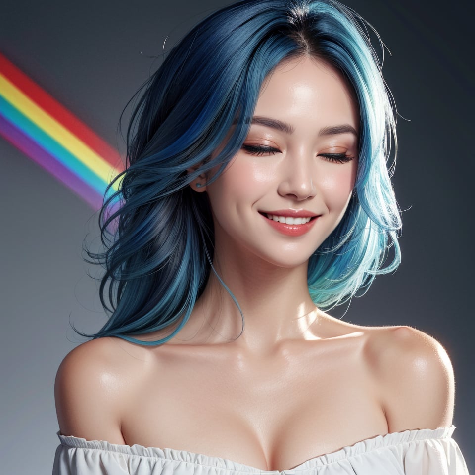 masterpiece, best quality, photorealistic, raw photo, 1girl, long hair, blouse, wide smile, 1 eye closed, blue eyes detailed skin, pore, off_shoulder, Realism, rainbow hair, rich color