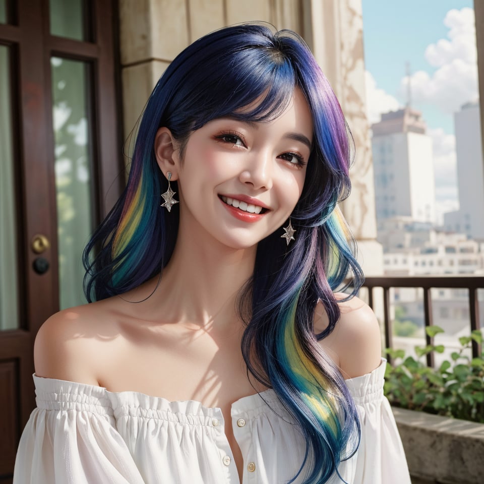 Prompt: masterpiece, best quality, photorealistic, raw photo, 1girl, long hair, blouse, laughing, detailed skin, pore, off_shoulder, Realism, rainbow hair, rich color
