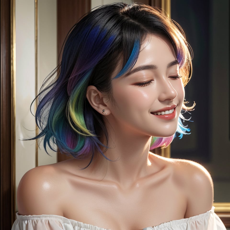 masterpiece, best quality, photorealistic, raw photo, 1girl, long hair, blouse, light smile, face down, closed eyes, detailed skin, pore, off_shoulder, Realism, rainbow hair, rich color