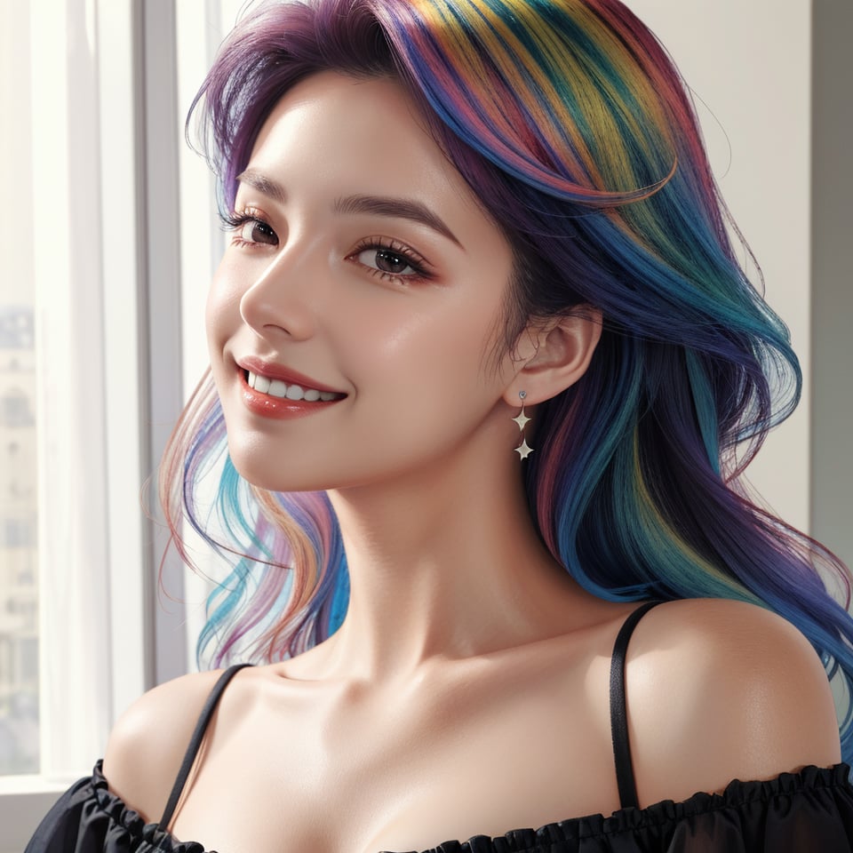 masterpiece, best quality, photorealistic, raw photo, 1girl, long hair, blouse, light smile, side face, detailed skin, pore, off_shoulder, Realism, rainbow hair, rich color