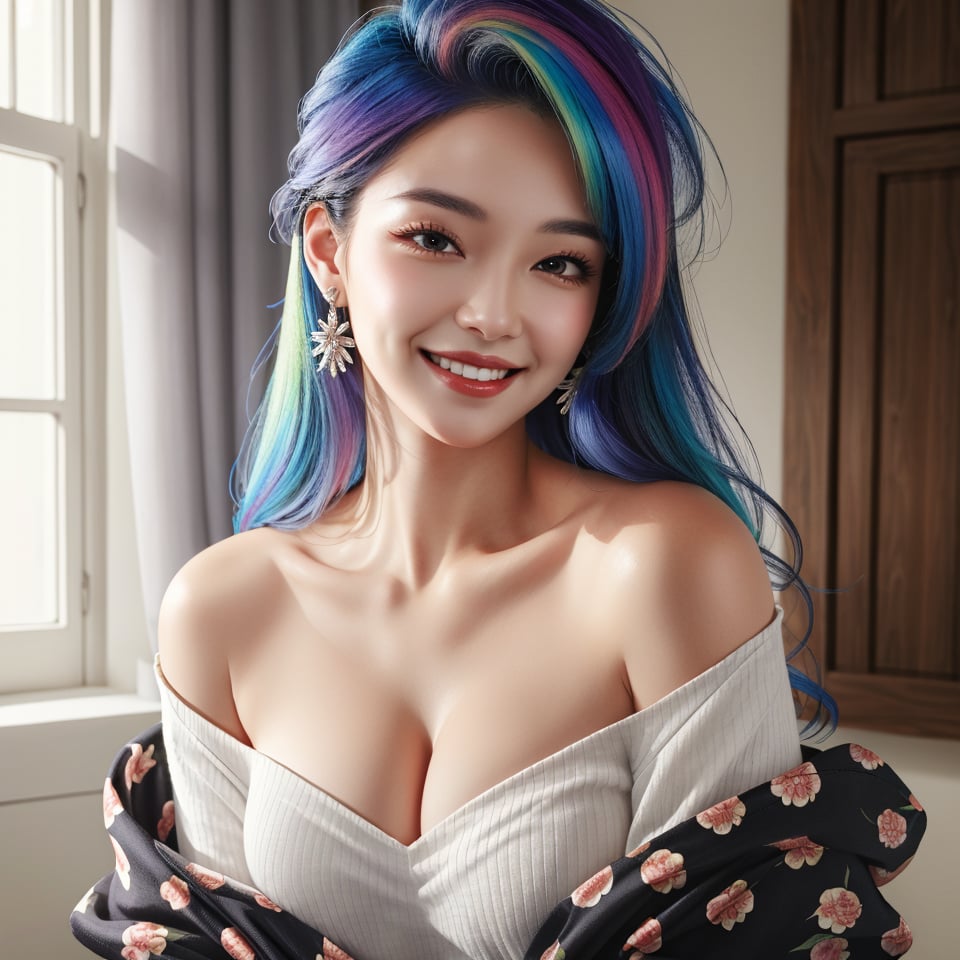 masterpiece, best quality, photorealistic, raw photo, 1girl, long hair, blouse, light smile, detailed skin, pore, off_shoulder, Realism, rainbow hair, rich color