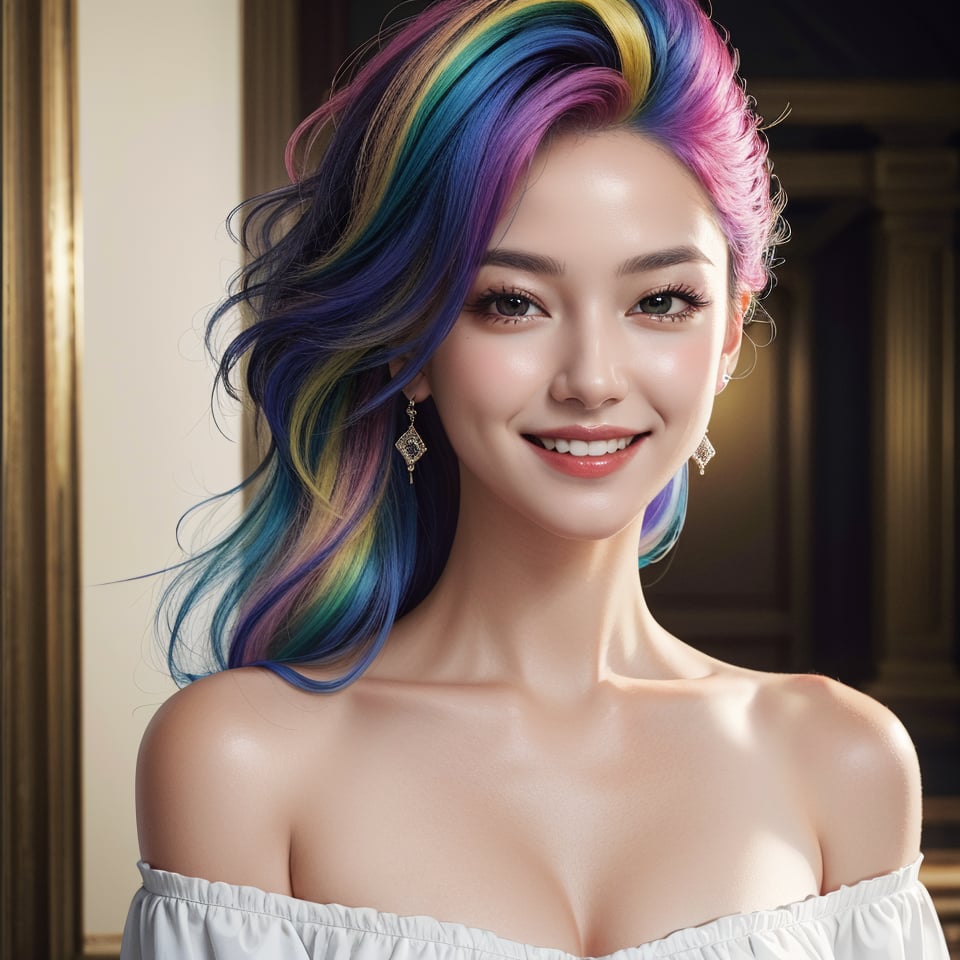 masterpiece, best quality, photorealistic, raw photo, 1girl, long hair, blouse, wide smile, detailed skin, pore, off_shoulder, Realism, rainbow hair, rich color