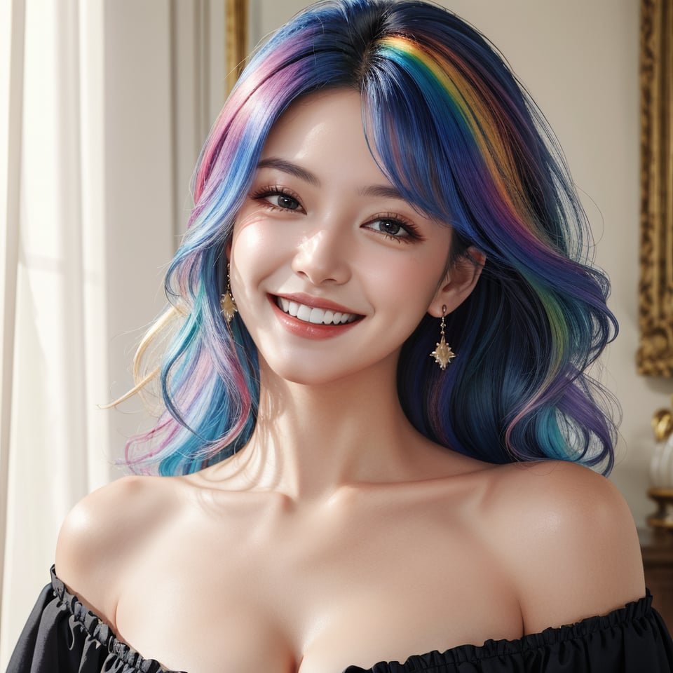 masterpiece, best quality, photorealistic, raw photo, 1girl, long hair, blouse, laughing,  detailed skin, pore, off_shoulder, Realism, rainbow hair, rich color