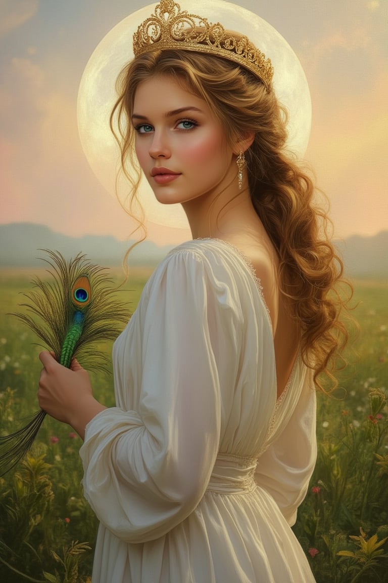 A majestic oil portrait of Hera, Greek goddess of women, wearing a tiara crown, stands poised in a meadow with a peacock in the background. Strong, determiend, 30 years old, impecable skin face.Her translucent white robes accentuate her toned physique as she holds a vibrant peacock feather. Her piercing green eyes, aglow with determination and priestly gentleness, engage ours directly. Moonlight casts a silver glow, illuminating the soft texture of her skin and the lush greenery. In the cinematic background, a gentle pink sky at sunrise adds depth and serenity to the serene scene.