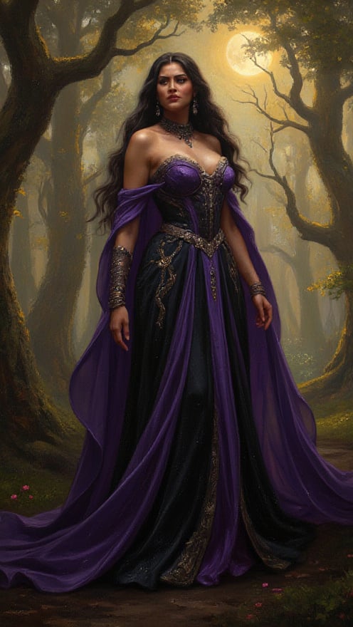 Oil painting style. A majestic of beautiful woman, spotlighting the ornate details of her purple and black attire, radiates confidence amidst an enchanted forest bathed in soft golden light. Her striking features, including long hair flowing like moonlit rivulets, command attention as towering trees loom in the background, their twisted branches weaving a hypnotic dance of twigs and leaves. oil painting