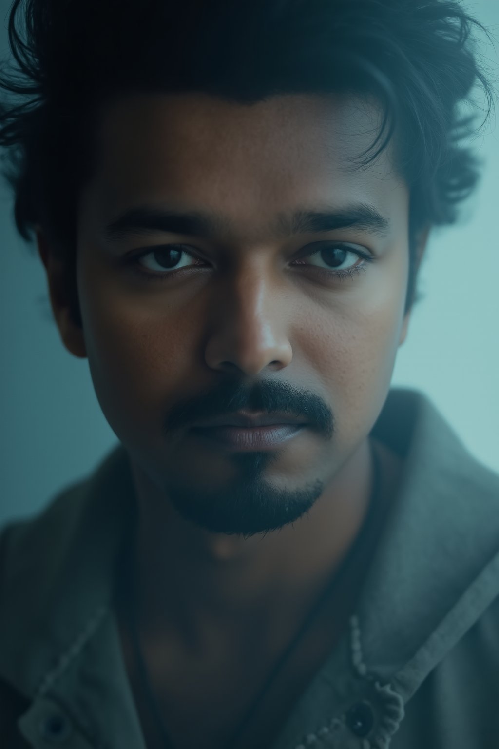 A close-up portrait of jeevan with a villanic expression, captured in a soft, medium light that accentuates the contours of his face. The background is blurred, with a faded, blue-gray color palette, giving an impressionistic aesthetic. Subtle textures are visible on his skin, conveying realism while maintaining a dreamlike quality. The colors are muted, focusing on cool tones, with hints of warmer shades in the skin. The scene evokes a sense of introspection and calm, emphasizing the nuances of light and shadow across the subject's features.