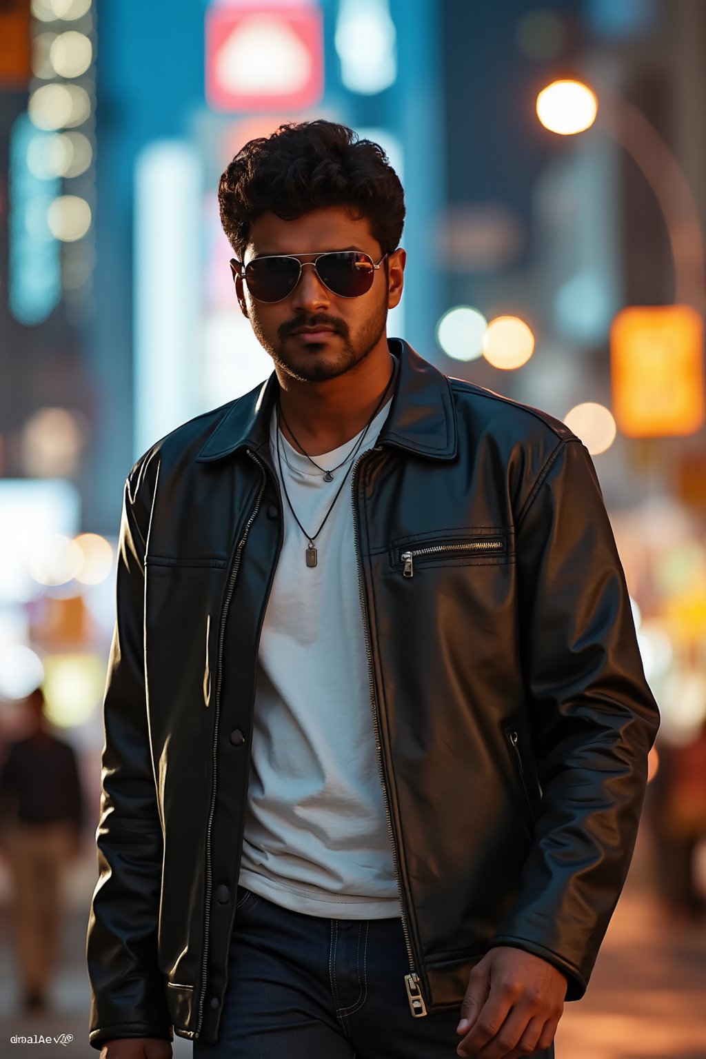 A cinematic close-up captures ghilli vijay standing amidst a bustling metropolis, skyscrapers and neon lights reflected in his mirrored sunglasses. He's dressed in a sleek black leather jacket, white shirt, and dark jeans, exuding confidence as he surveys the urban landscape. The warm glow of streetlights illuminates his determined expression.